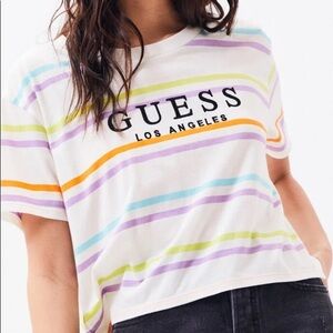 Guess Belmont striped crop tee spell out‎ size L